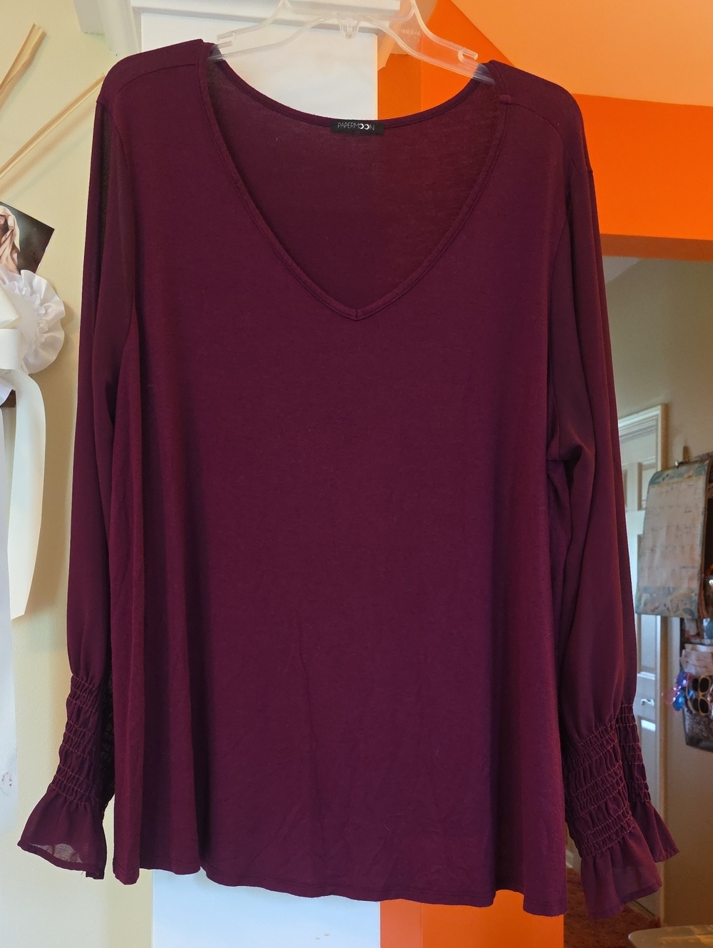 Papermoon Amila Ruffle Long Sleeve V-Neck Blouse in Burgundy-STITCH FIX